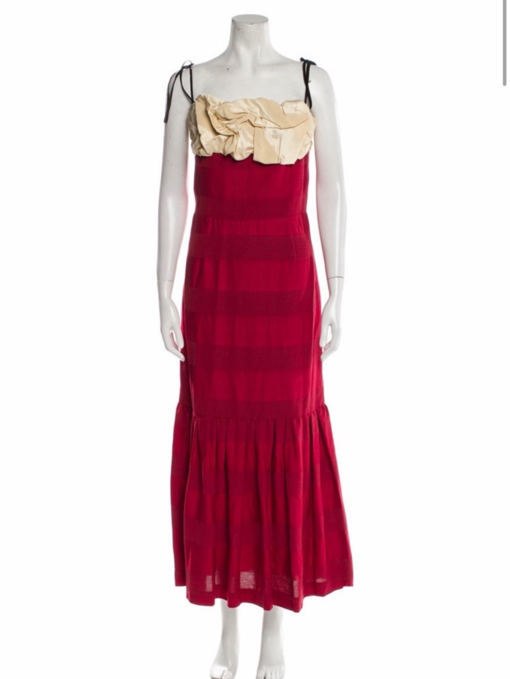 Hellessy Rosie Dress - Red Midi Dress with Cream Ruffle Bodice